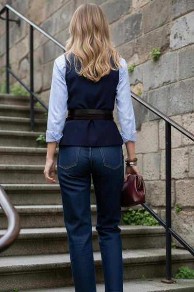 Chaleco de fit ajustado, cuello redondo, vivos decorativos delanteros, pinzas frontales y bajo frontal con abertura en v. Cierre frontal con hilera de botones en contraste.