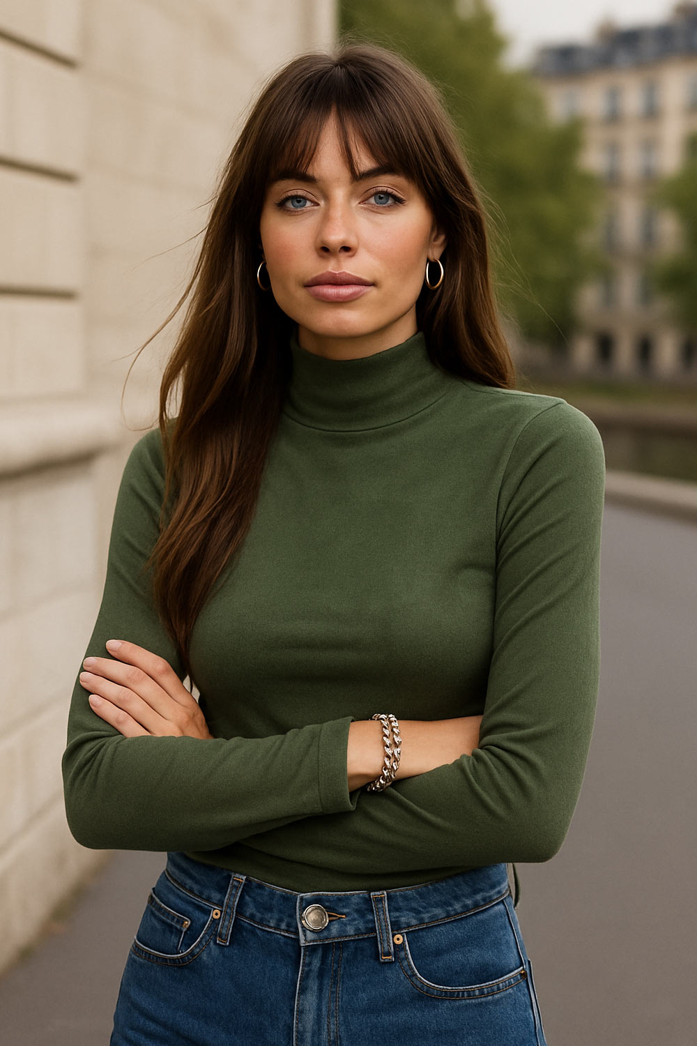 Top básico de fit ajustado, cuello alto y manga larga.