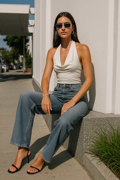 Top corto ajustado de cuello halter con escote fluido, sin mangas, escote en espalda, cierre posterior con botón y ojal.