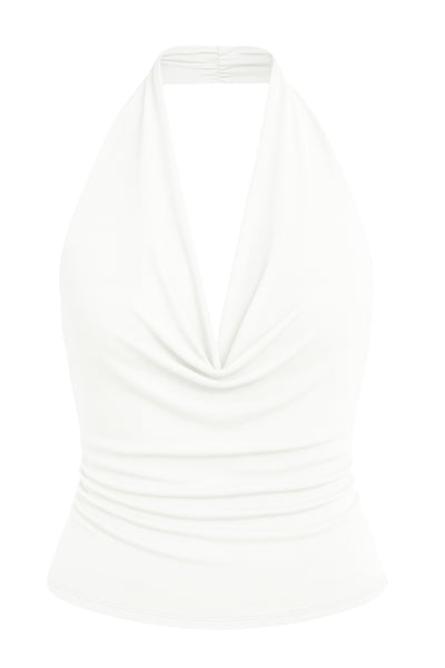 Top corto ajustado de cuello halter con escote fluido, sin mangas, escote en espalda, cierre posterior con botón y ojal.