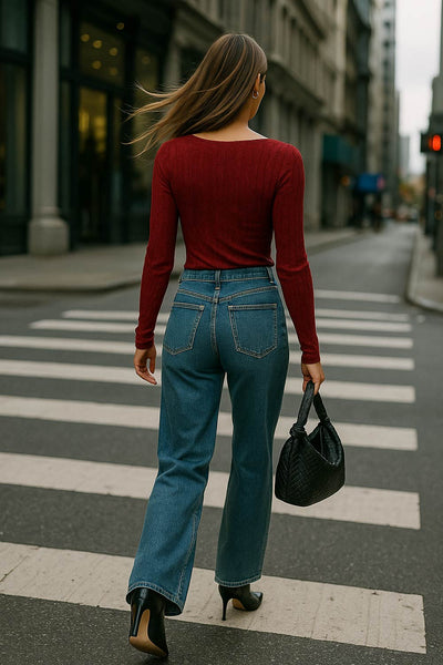 Top de encaje, fit ajustado, cuello barco, manga larga y bajo asimétrico.