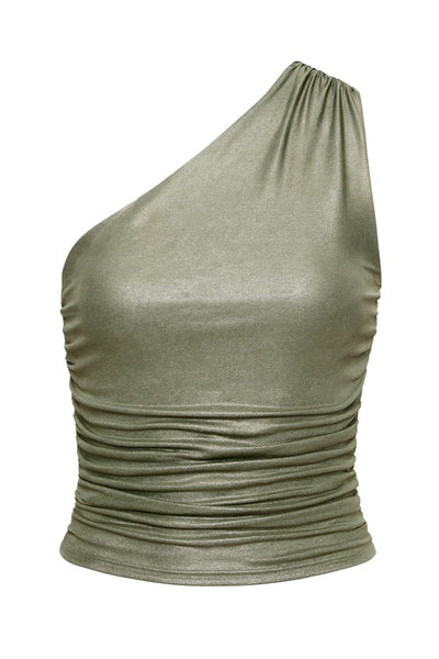 Top metálico asimétrico de un hombro, fit ajustado, escote diagonal, detalles plisados laterales y en hombro.