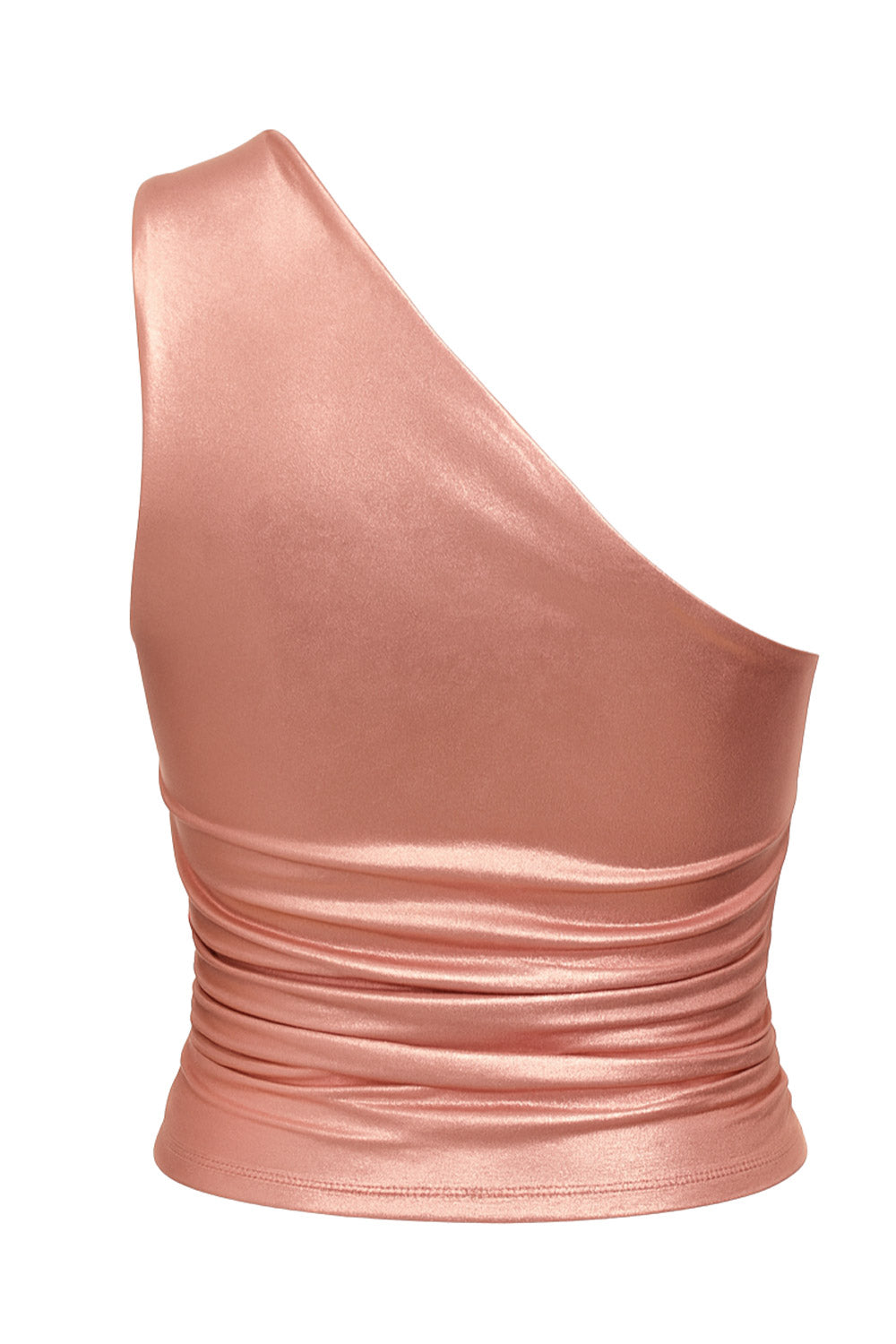 Top metálico asimétrico de un hombro, fit ajustado, escote diagonal, detalles plisados laterales y en hombro.