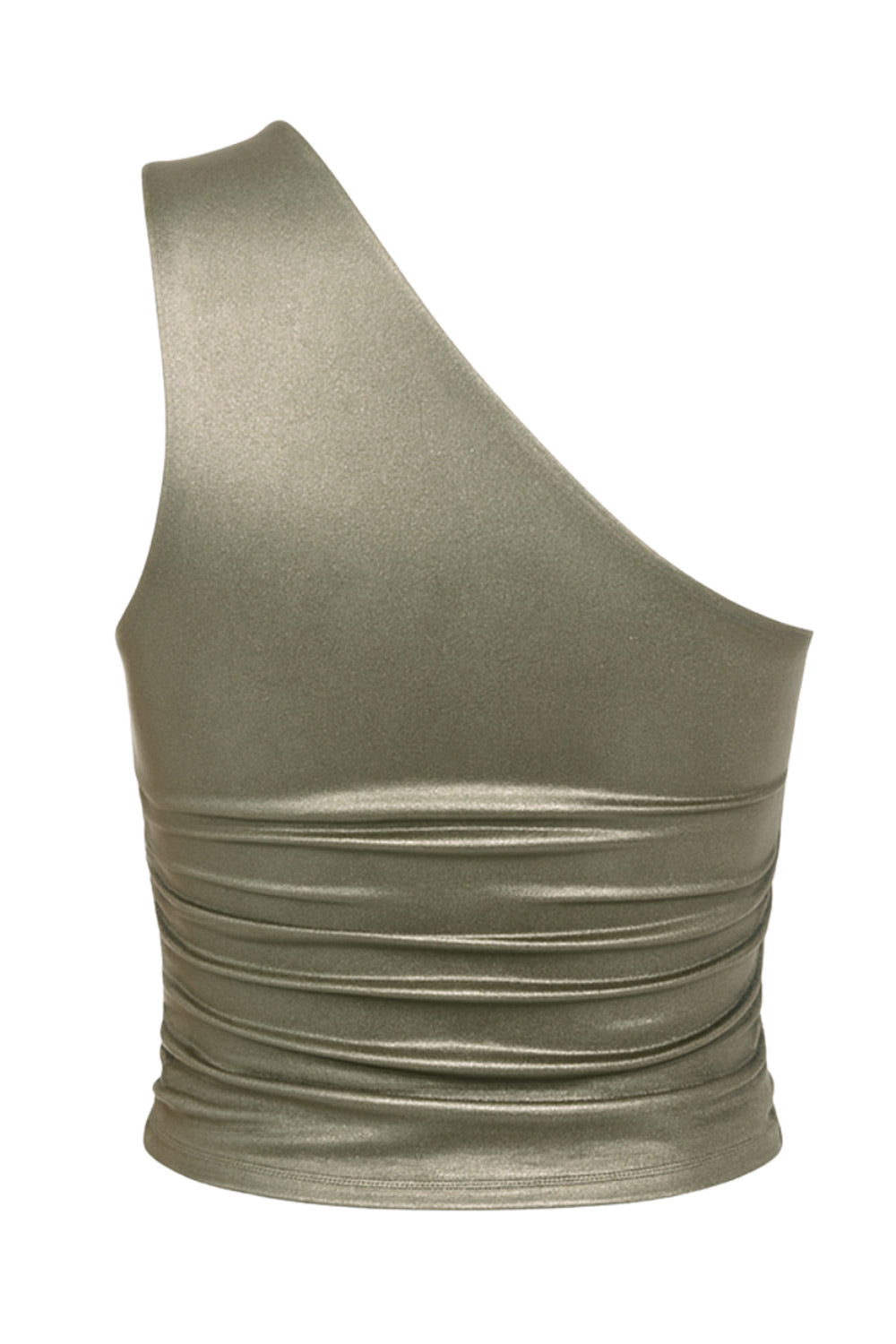 Top metálico asimétrico de un hombro, fit ajustado, escote diagonal, detalles plisados laterales y en hombro.