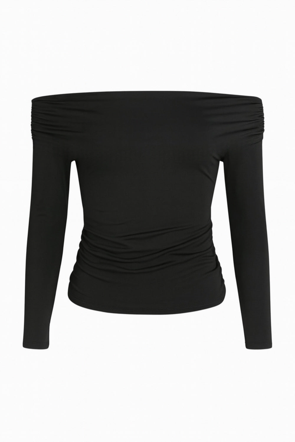 Top de fit ajustado, hombros descubiertos, escote recto y manga larga seguida con plisados laterales. Detalle de plisados en costados.