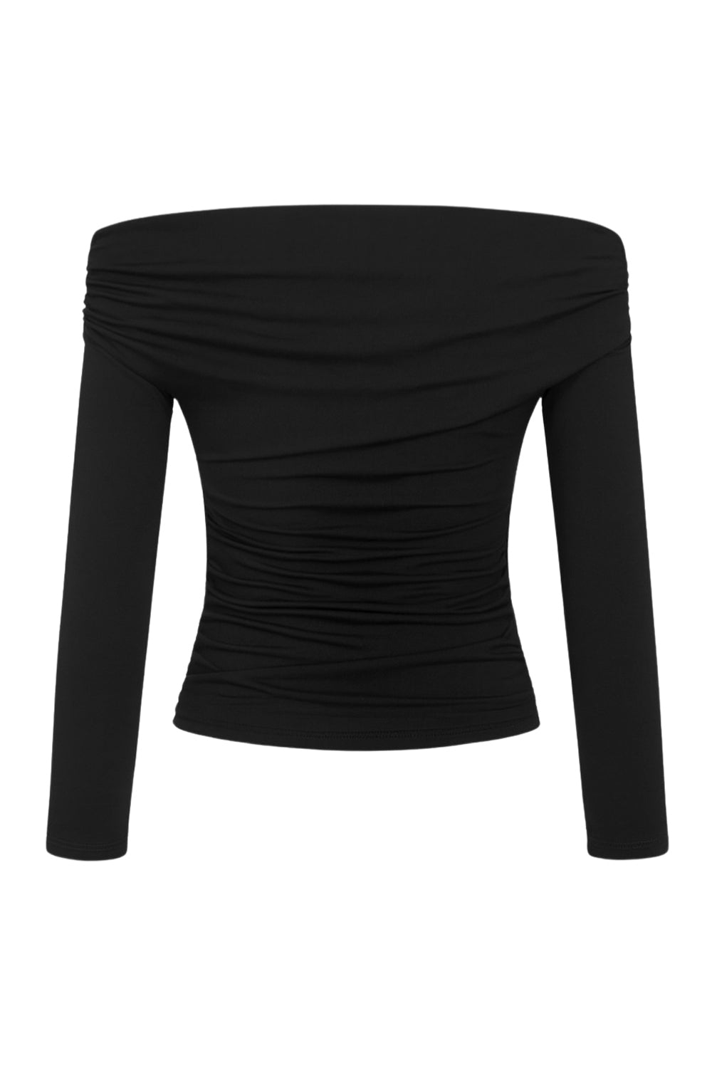 Top de fit ajustado, hombros descubiertos, escote recto y manga larga seguida con plisados laterales. Detalle de plisados en costados.