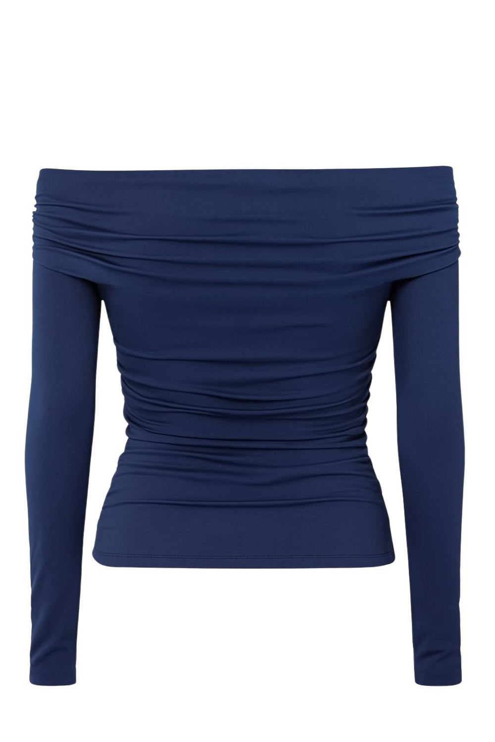 Top de fit ajustado, hombros descubiertos, escote recto y manga larga seguida con plisados laterales. Detalle de plisados en costados.