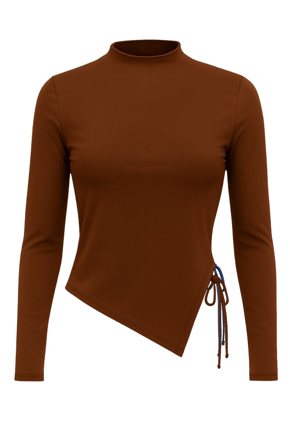 Top corto de fit ajustado, cuello mock seguido, manga larga y bajo diagonal asimétrico con jareta lateral ajustable.