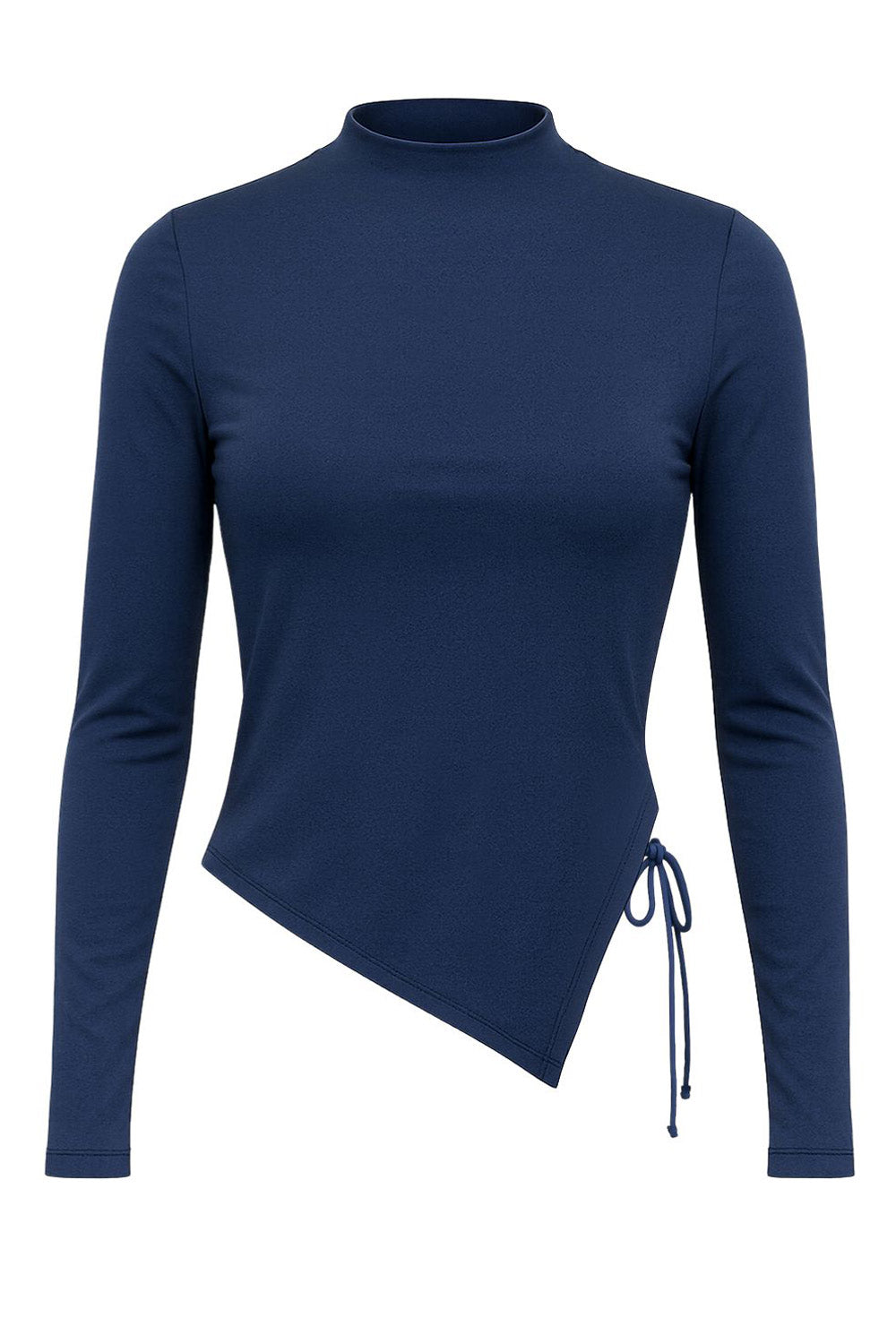 Top corto de fit ajustado, cuello mock seguido, manga larga y bajo diagonal asimétrico con jareta lateral ajustable.