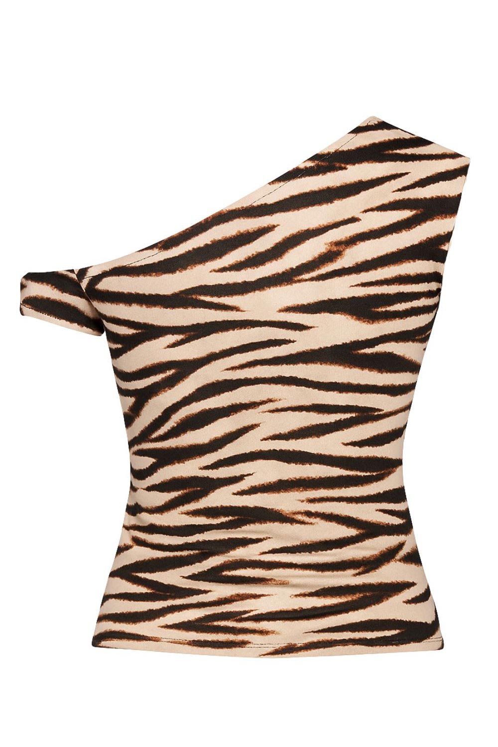 Top ajustado de estampado animal, una manga corta seguida, de cuello diagonal con hombro descubierto, y bajo frontal asimétrico.