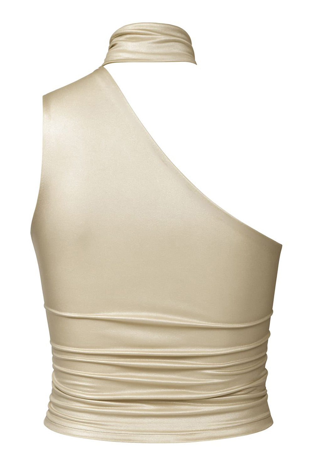 Top metálico asimétrico, de fit ajustado, detalles plisados laterales y en hombro, sin mangas, un hombro, escote diagonal y choker con plisados. Cierre posterior con botón y ojal.