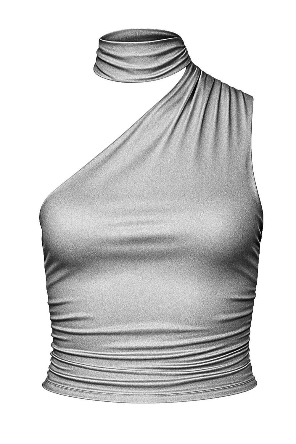 Top metálico asimétrico, de fit ajustado, detalles plisados laterales y en hombro, sin mangas, un hombro, escote diagonal y choker con plisados. Cierre posterior con botón y ojal.