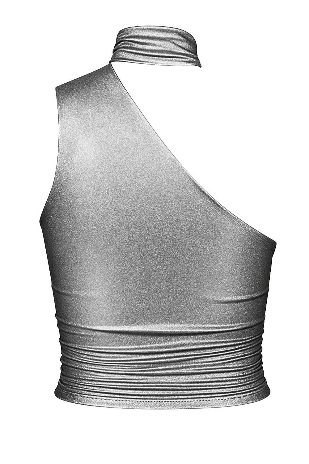 Top metálico asimétrico, de fit ajustado, detalles plisados laterales y en hombro, sin mangas, un hombro, escote diagonal y choker con plisados. Cierre posterior con botón y ojal.