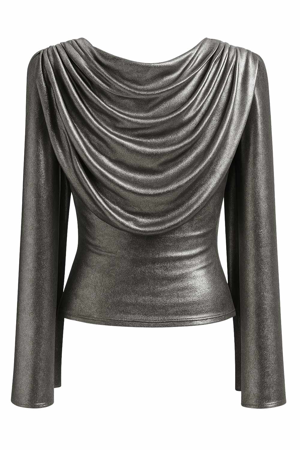 Top metálico de fit ajustado, sin mangas, cuello redondo y detalle decorativo frontal con plisados en hombros.