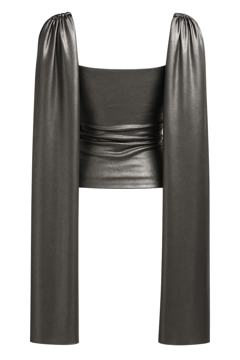 Top metálico de fit ajustado, sin mangas, cuello redondo y detalle decorativo frontal con plisados en hombros.