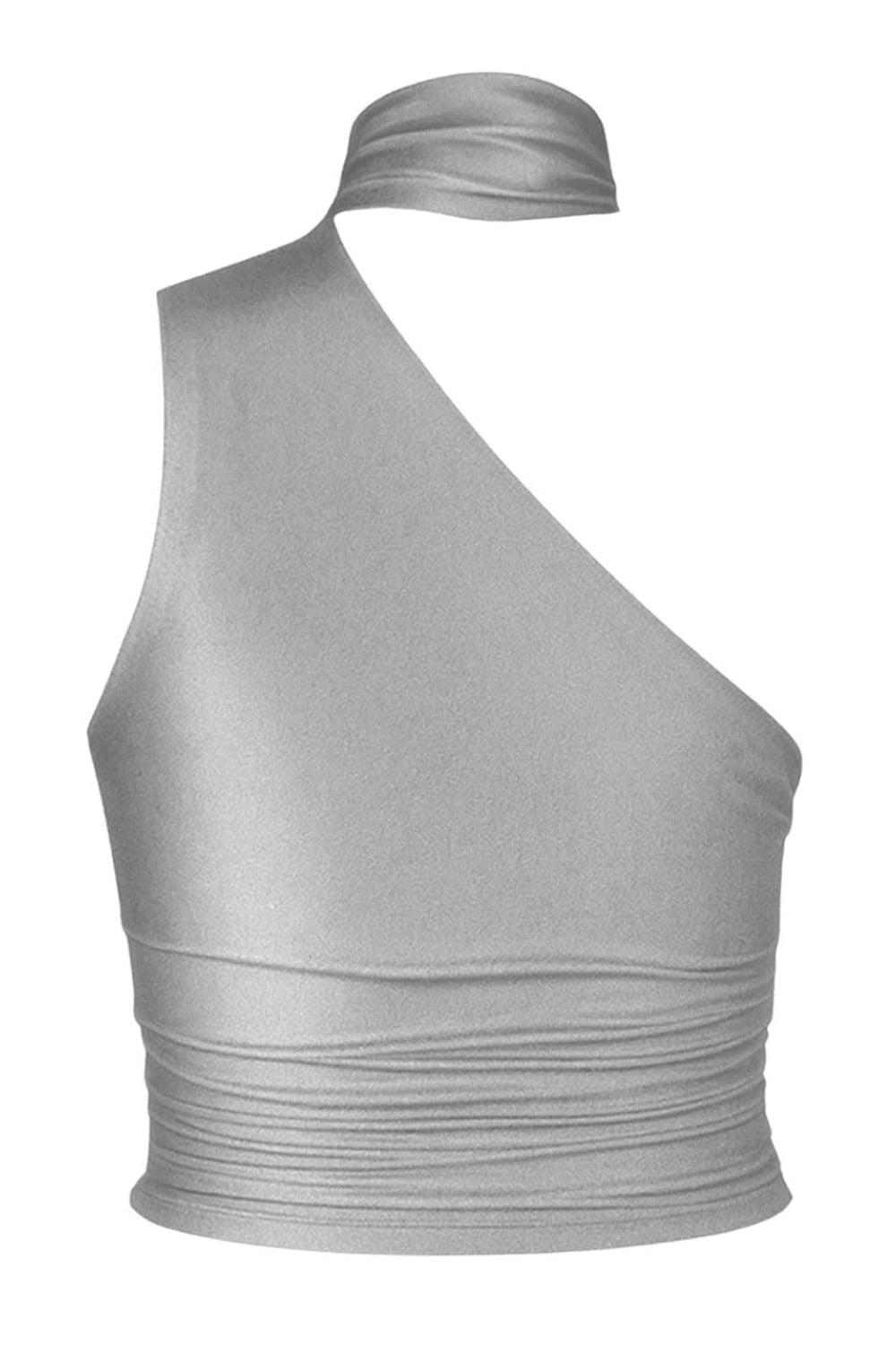 Top satinado asimétrico, de fit ajustado, detalles plisados laterales y en hombro, sin mangas, un hombro, escote diagonal y choker con plisados. Cierre posterior con botón y ojal.