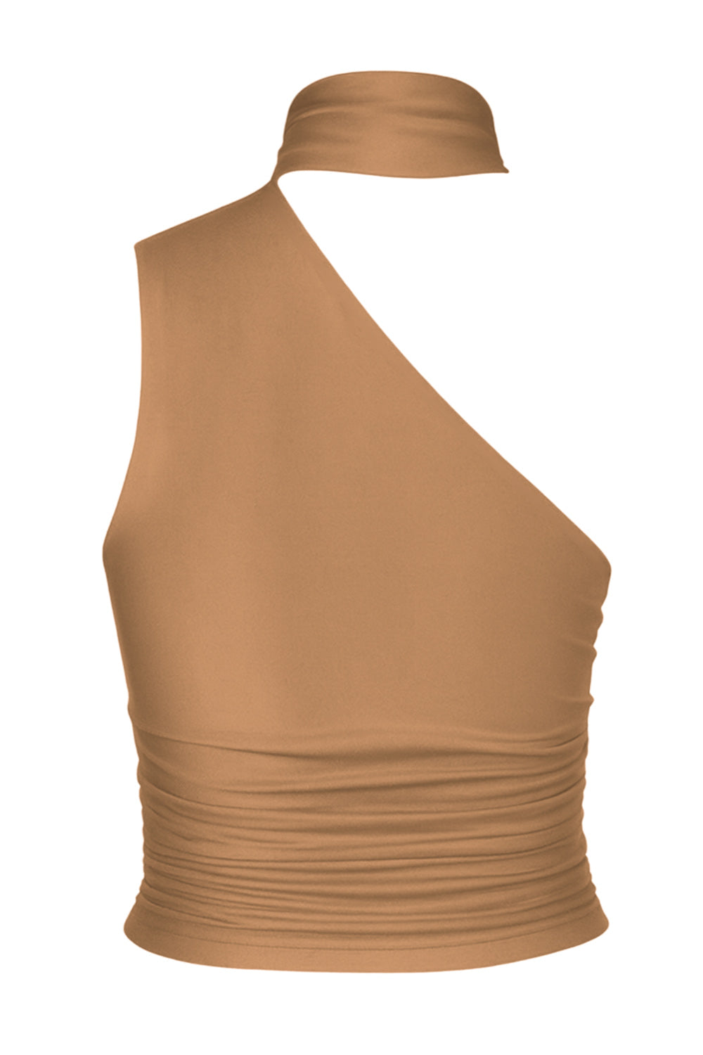 Top satinado asimétrico, de fit ajustado, detalles plisados laterales y en hombro, sin mangas, un hombro, escote diagonal y choker con plisados. Cierre posterior con botón y ojal.