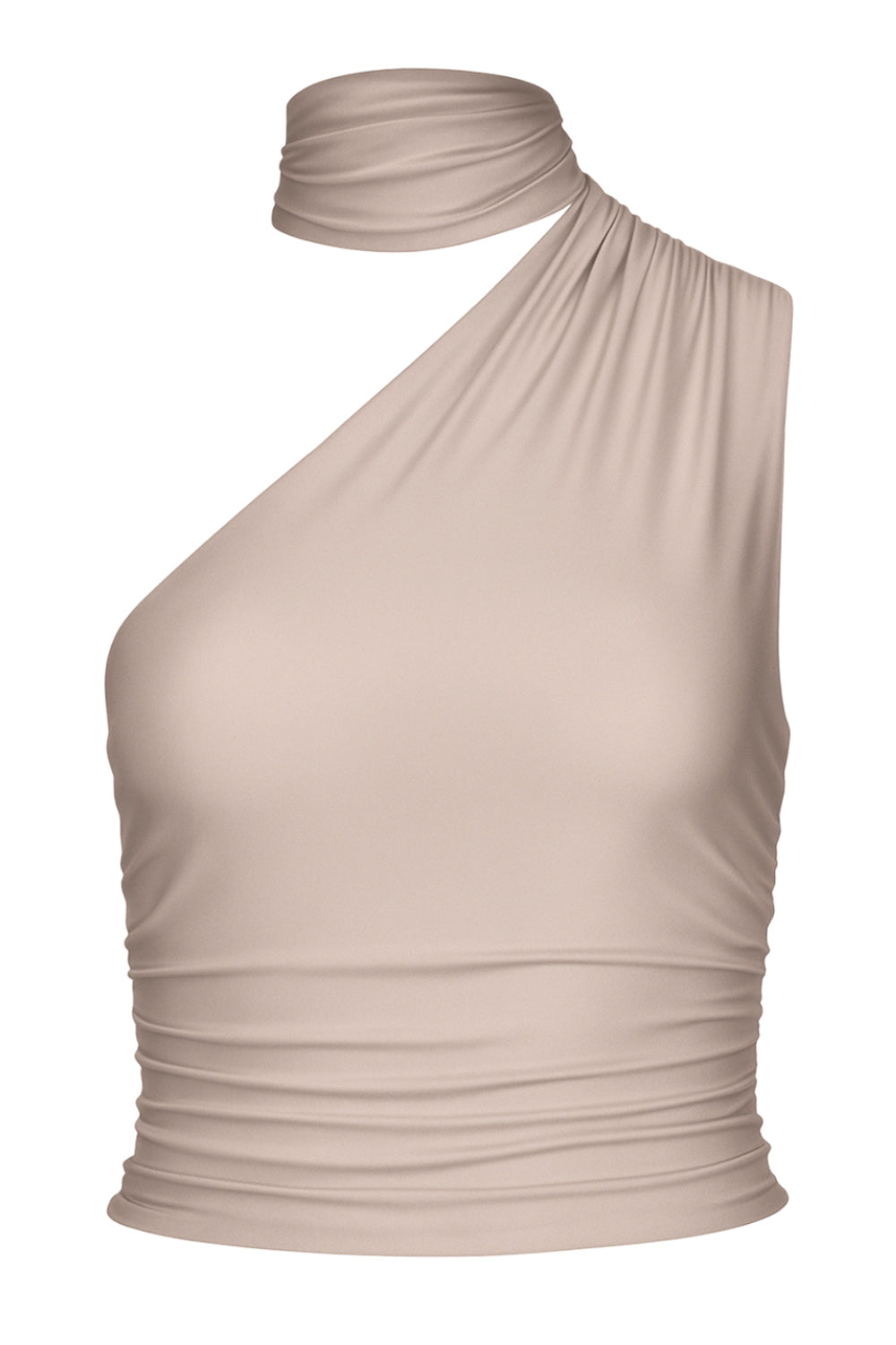 Top satinado asimétrico, de fit ajustado, detalles plisados laterales y en hombro, sin mangas, un hombro, escote diagonal y choker con plisados. Cierre posterior con botón y ojal.