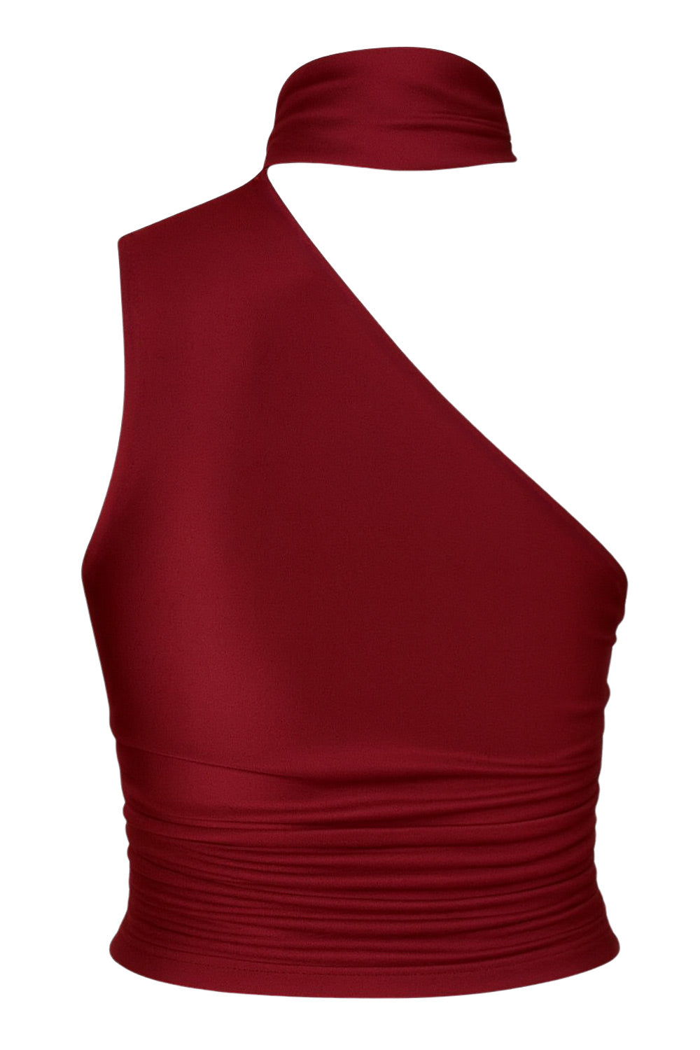 Top satinado asimétrico, de fit ajustado, detalles plisados laterales y en hombro, sin mangas, un hombro, escote diagonal y choker con plisados. Cierre posterior con botón y ojal.