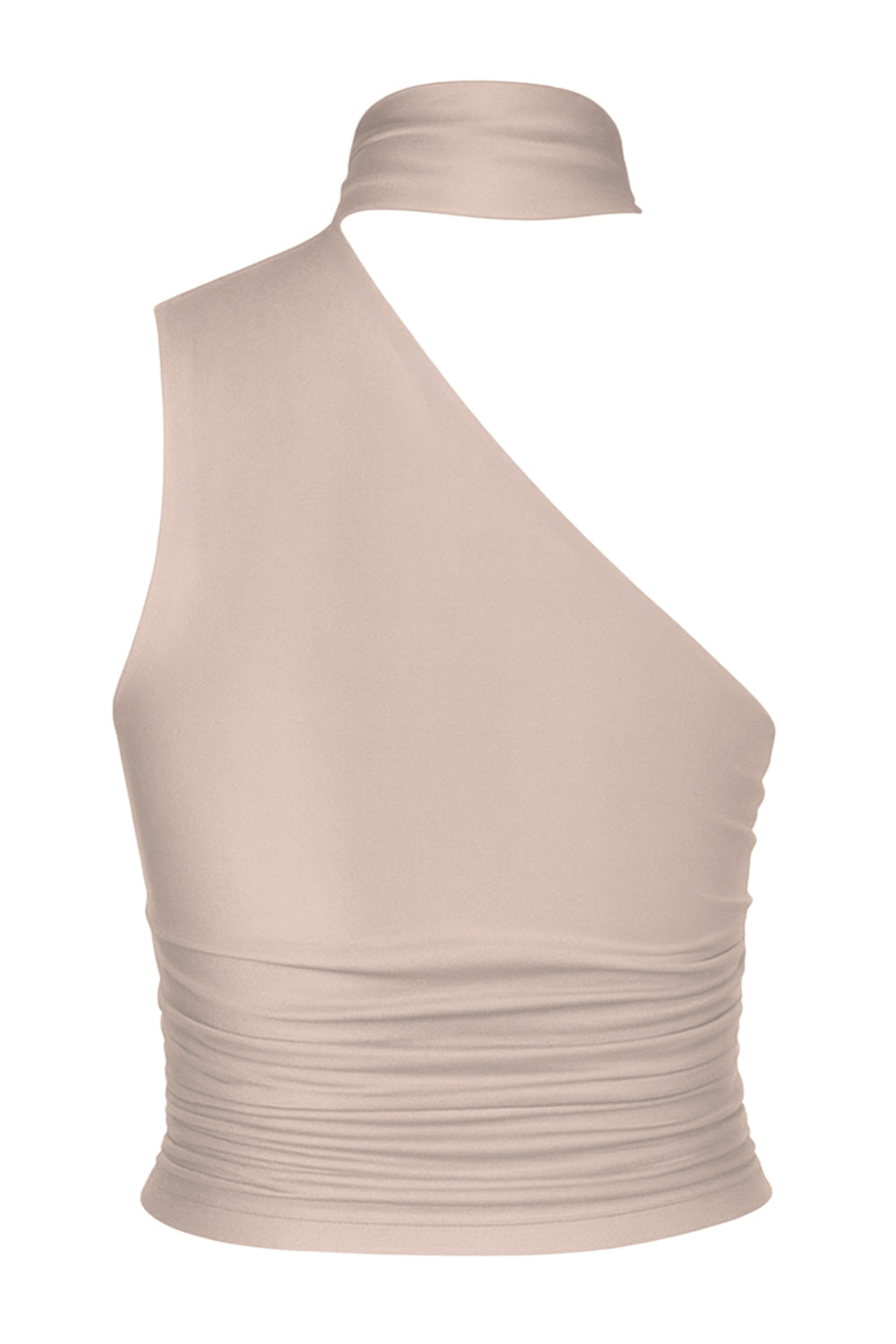 Top satinado asimétrico, de fit ajustado, detalles plisados laterales y en hombro, sin mangas, un hombro, escote diagonal y choker con plisados. Cierre posterior con botón y ojal.