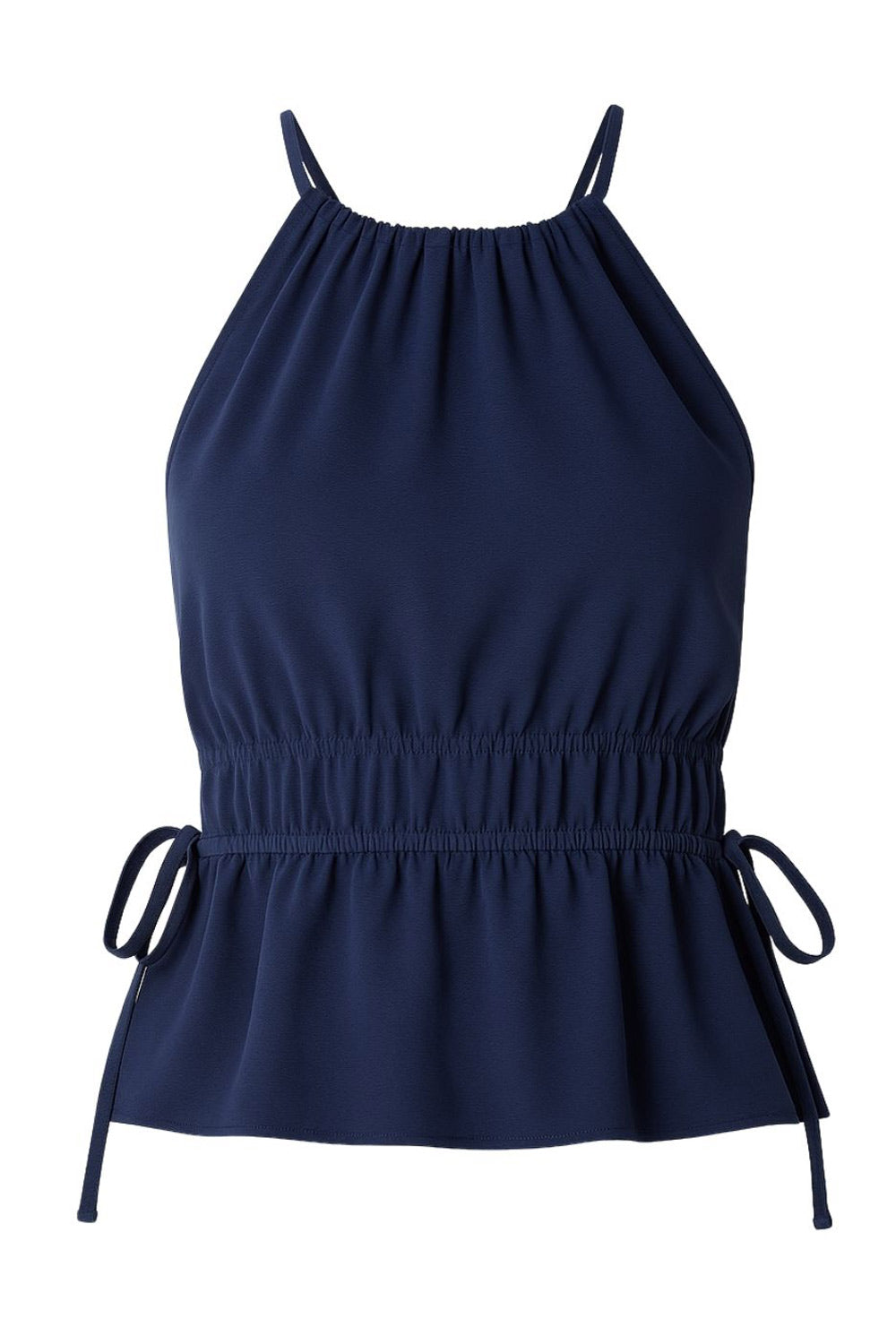 Top corto de cuello halter con plisados, tirantes delgados, detalle de rib con plisados y lazos laterales en costados, peplum con olanes en bajo y cierre posterior con botón y ojal.