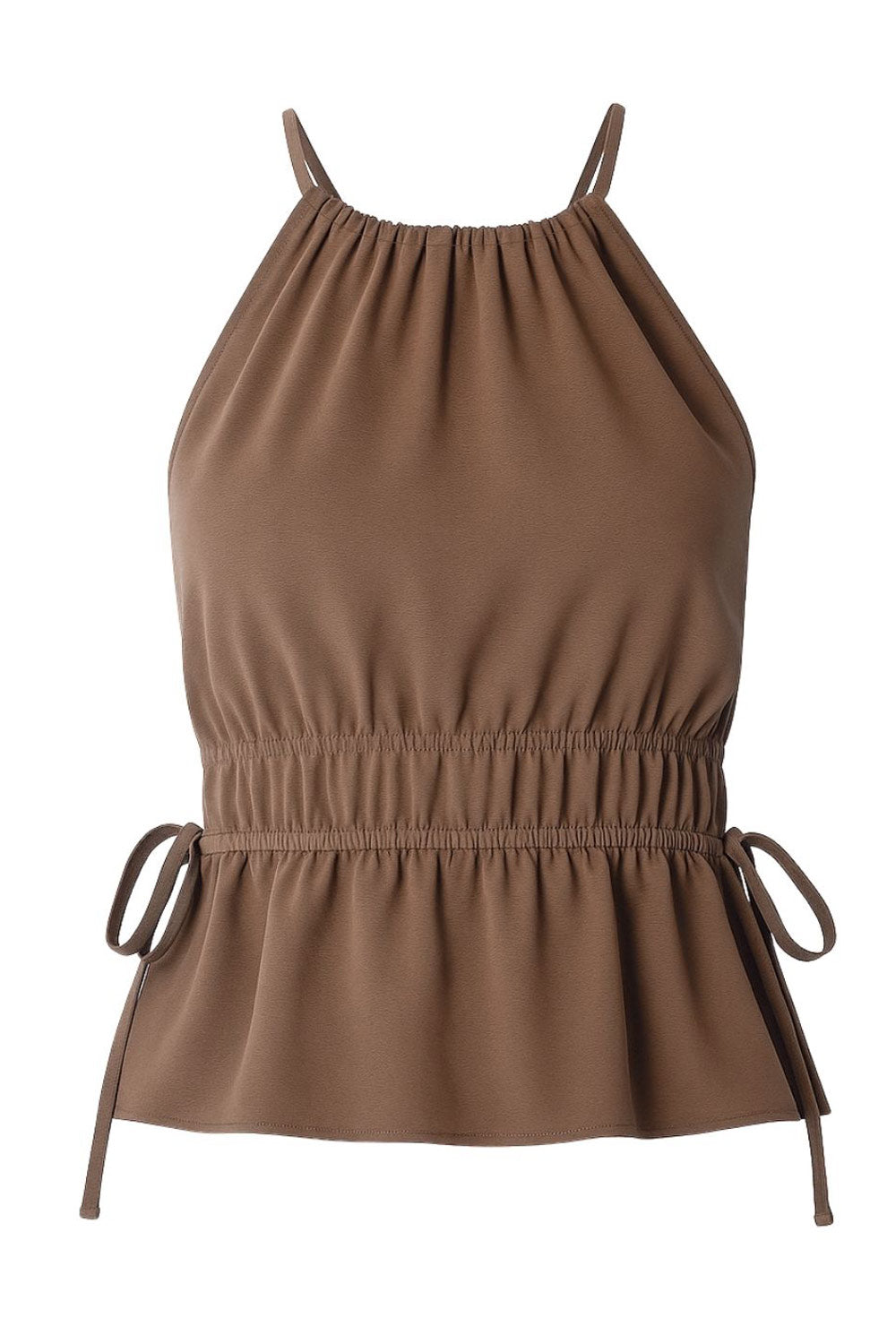 Top corto de cuello halter con plisados, tirantes delgados, detalle de rib con plisados y lazos laterales en costados, peplum con olanes en bajo y cierre posterior con botón y ojal.