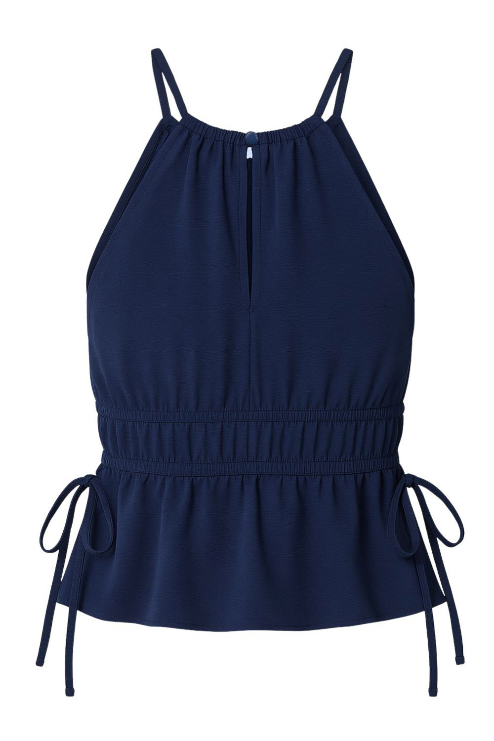 Top corto de cuello halter con plisados, tirantes delgados, detalle de rib con plisados y lazos laterales en costados, peplum con olanes en bajo y cierre posterior con botón y ojal.