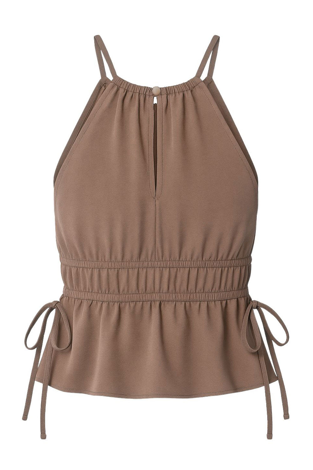 Top corto de cuello halter con plisados, tirantes delgados, detalle de rib con plisados y lazos laterales en costados, peplum con olanes en bajo y cierre posterior con botón y ojal.