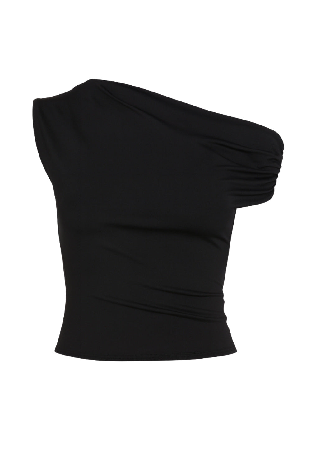 Top asimétrico de fit ajustado, una manga corta seguida con plisados y escote diagonal asimétrico con hombro descubierto.