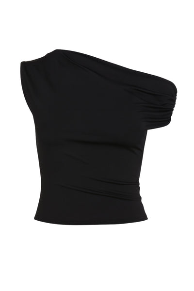 Top asimétrico de fit ajustado, una manga corta seguida con plisados y escote diagonal asimétrico con hombro descubierto.