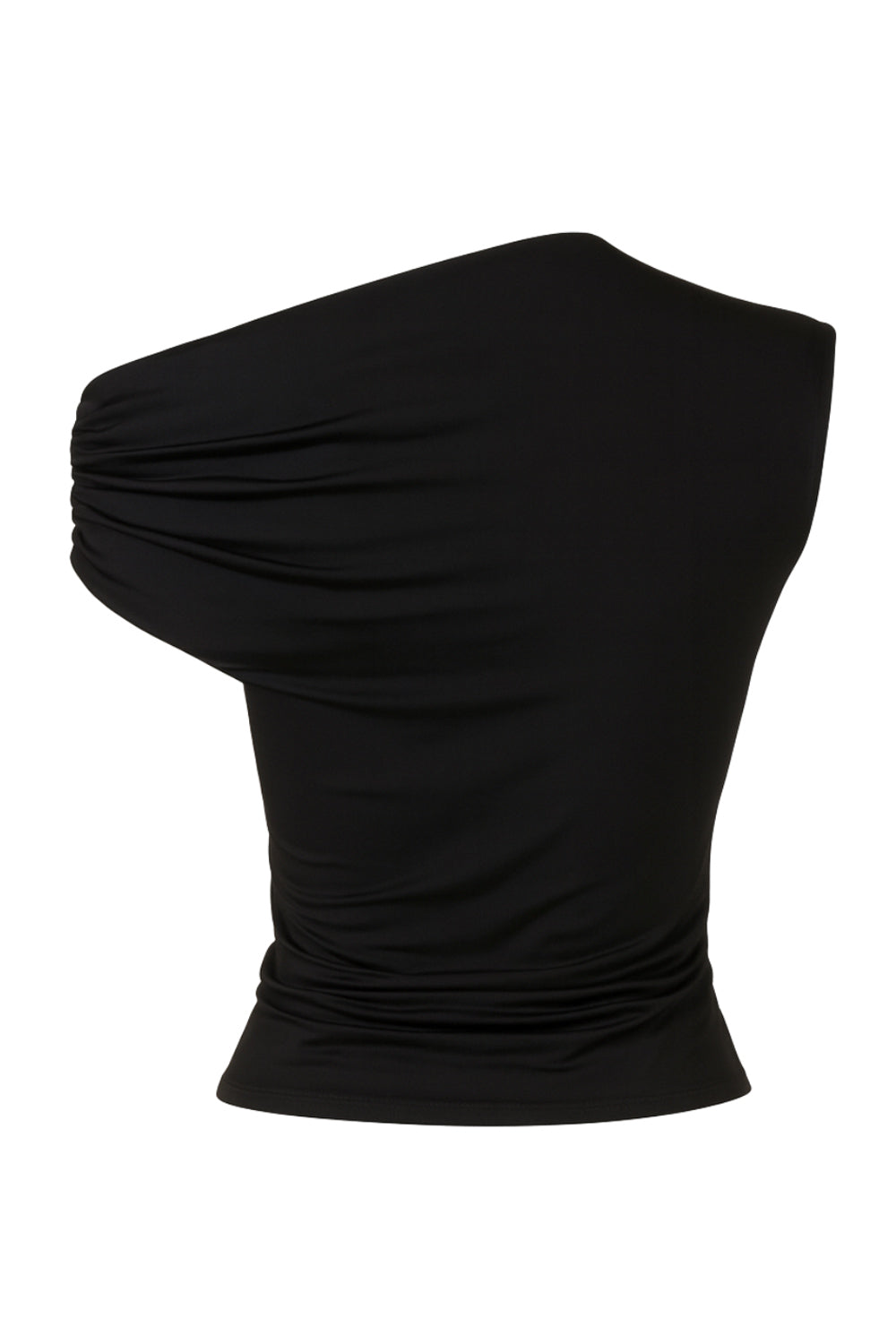 Top asimétrico de fit ajustado, una manga corta seguida con plisados y escote diagonal asimétrico con hombro descubierto.