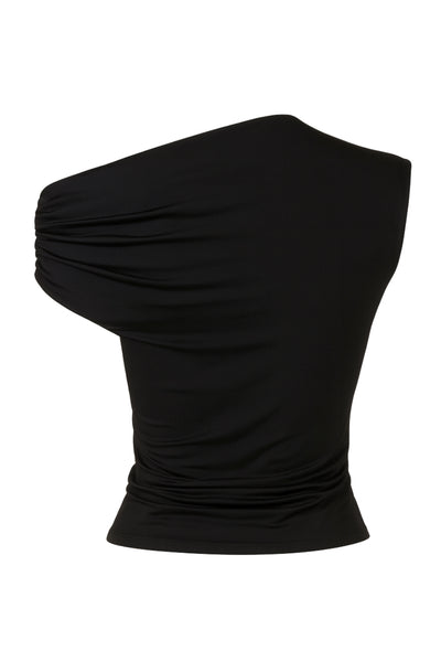 Top asimétrico de fit ajustado, una manga corta seguida con plisados y escote diagonal asimétrico con hombro descubierto.