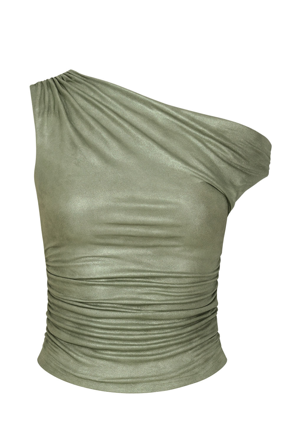 Top metálico asimétrico de fit ajustado, escote diagonal, una manga corta seguida con hombro descubierto, plisados en hombro y detalle de plisados en costados.