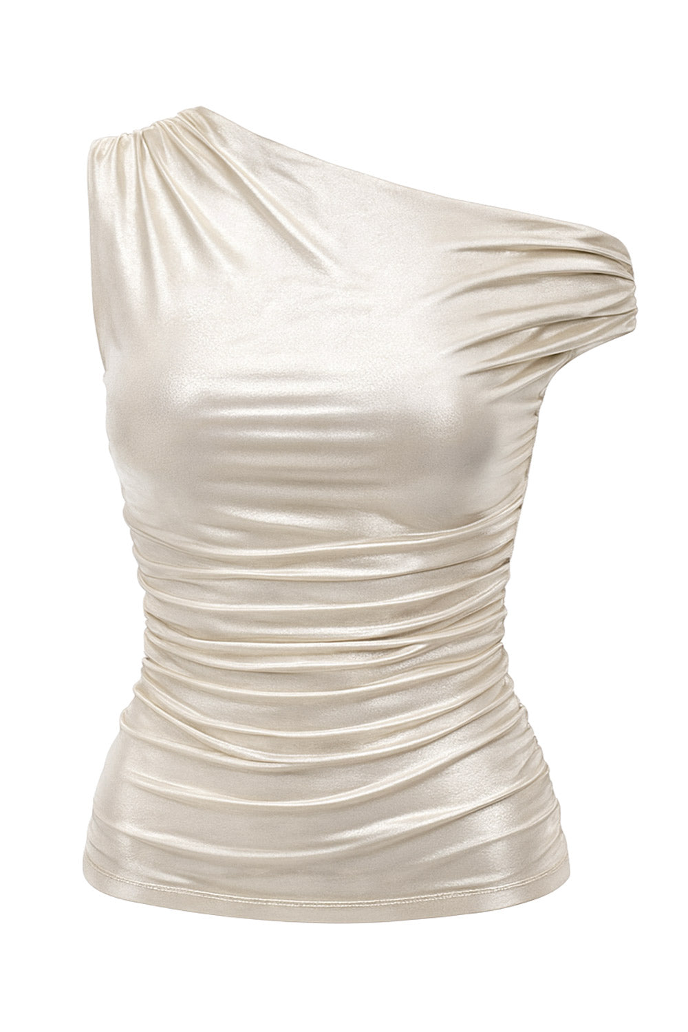 Top metálico asimétrico de fit ajustado, escote diagonal, una manga corta seguida con hombro descubierto, plisados en hombro y detalle de plisados en costados.