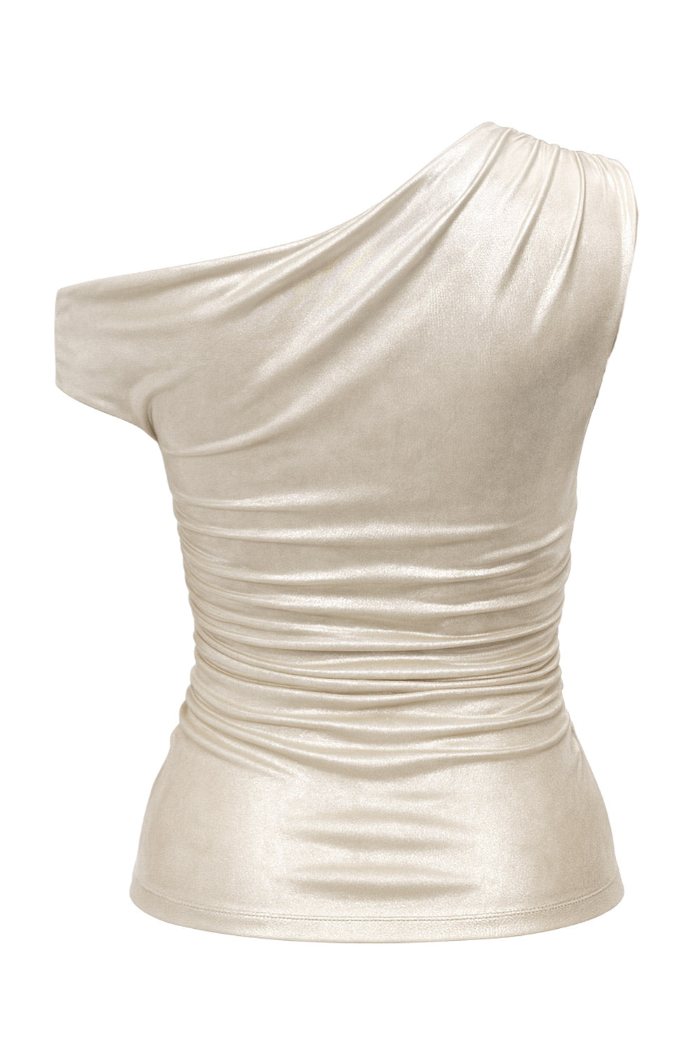 Top metálico asimétrico de fit ajustado, escote diagonal, una manga corta seguida con hombro descubierto, plisados en hombro y detalle de plisados en costados.