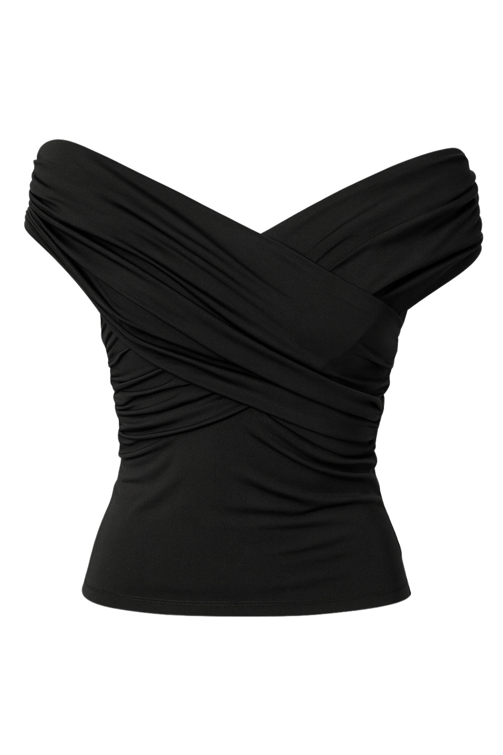 Top corto plisado de fit ajustado, escote v con cruce frontal, manga corta seguida, plisados en costados y hombros.