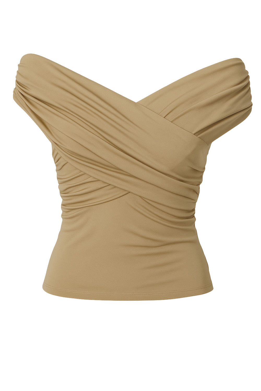 Top corto plisado de fit ajustado, escote v con cruce frontal, manga corta seguida, plisados en costados y hombros.