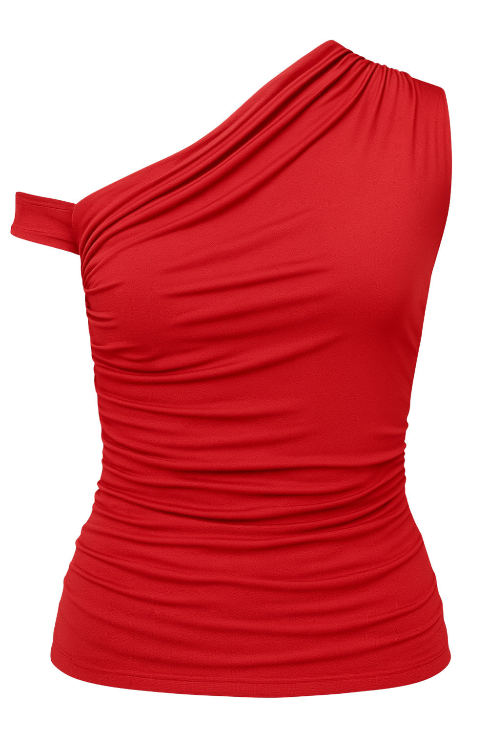 Top ajustado de escote diagonal con hombro descubierto, plisados en hombro y costados. Detalle de manga corta asimétrica.