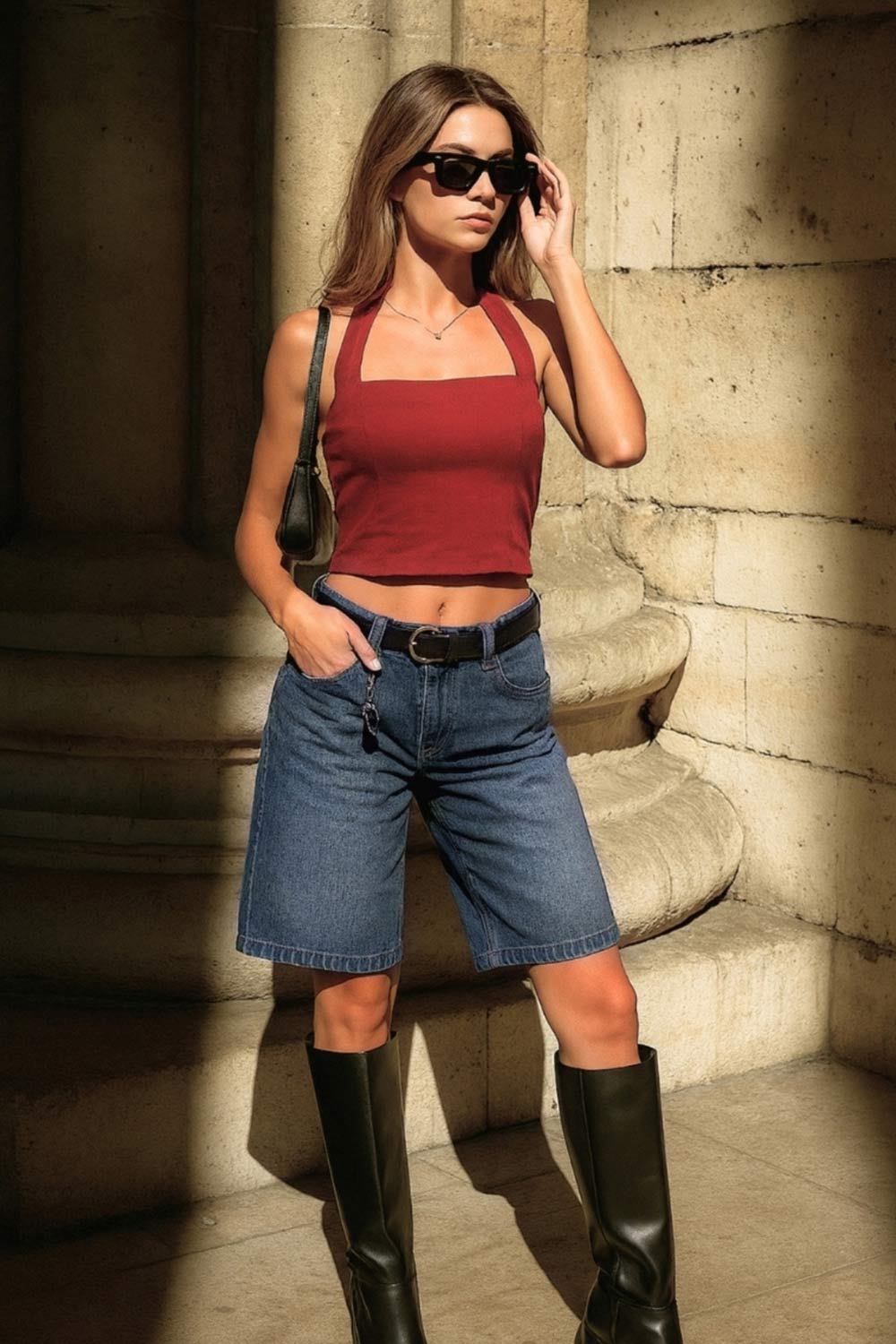 Top halter corto de fit ajustado, escote recto, pinzas frontales, rib elástico posterior y cierre lateral con cremallera oculta.