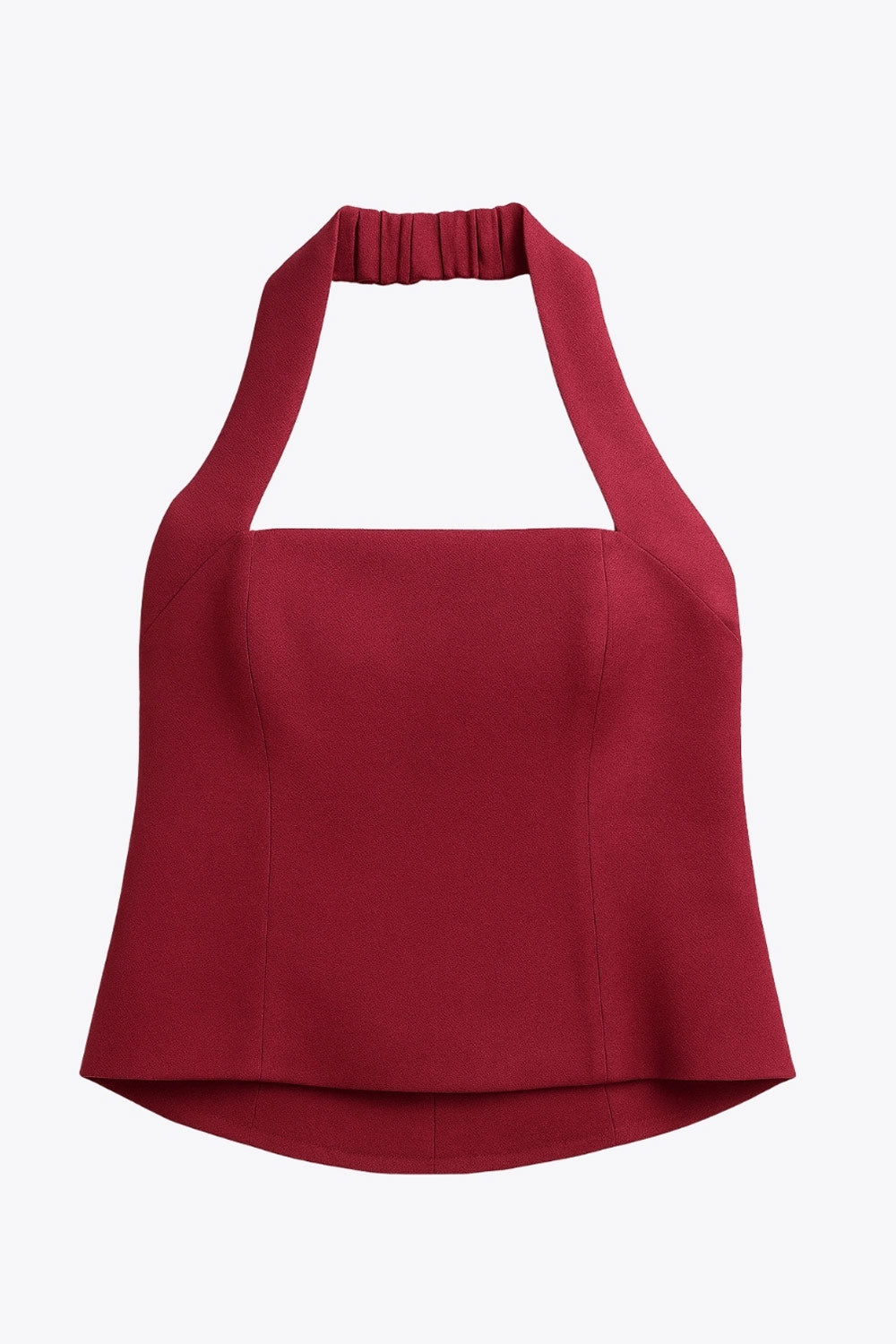 Top halter corto de fit ajustado, escote recto, pinzas frontales, rib elástico posterior y cierre lateral con cremallera oculta.