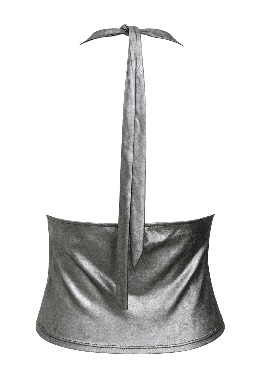 Top metálico de cuello halter con nudo amarrable posterior, escote v cruzado con cortes y plisados frontales.