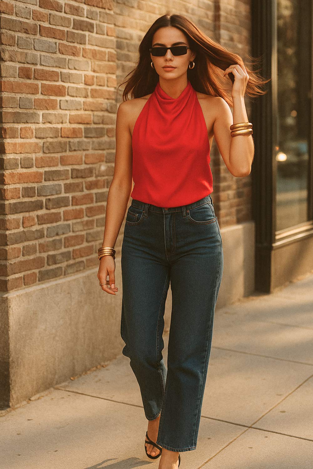 Top corto halter satinado de cuello alto fluido, fit recto, escote en espalda, cierre posterior con botón y ojal.