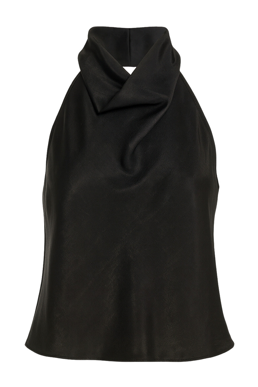 Top corto halter satinado de cuello alto fluido, fit recto, escote en espalda, cierre posterior con botón y ojal.