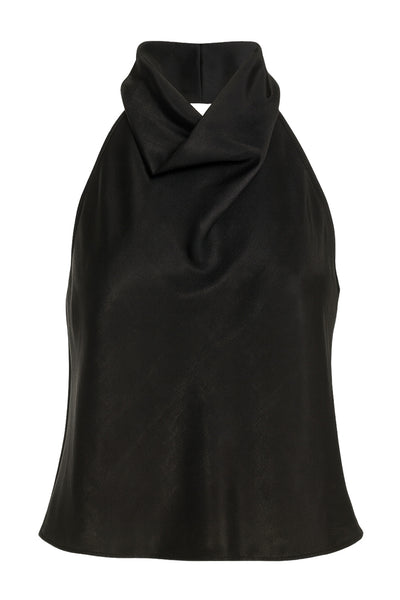 Top corto halter satinado de cuello alto fluido, fit recto, escote en espalda, cierre posterior con botón y ojal.