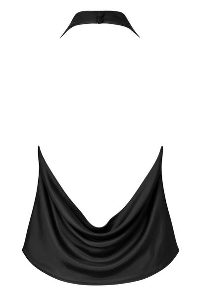 Top corto halter satinado de cuello alto fluido, fit recto, escote en espalda, cierre posterior con botón y ojal.