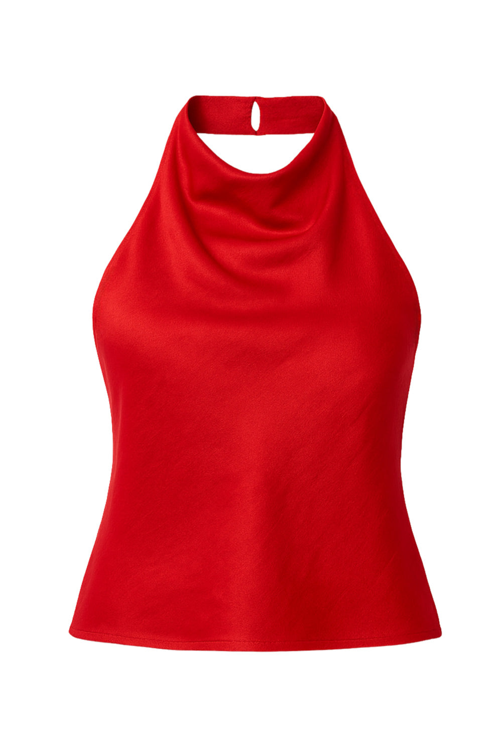 Top corto halter satinado de cuello alto fluido, fit recto, escote en espalda, cierre posterior con botón y ojal.