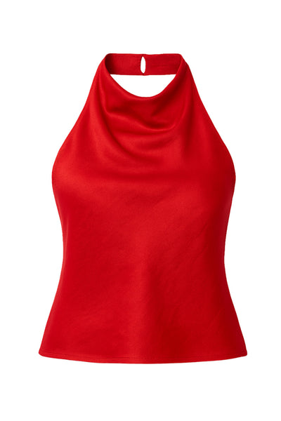 Top corto halter satinado de cuello alto fluido, fit recto, escote en espalda, cierre posterior con botón y ojal.