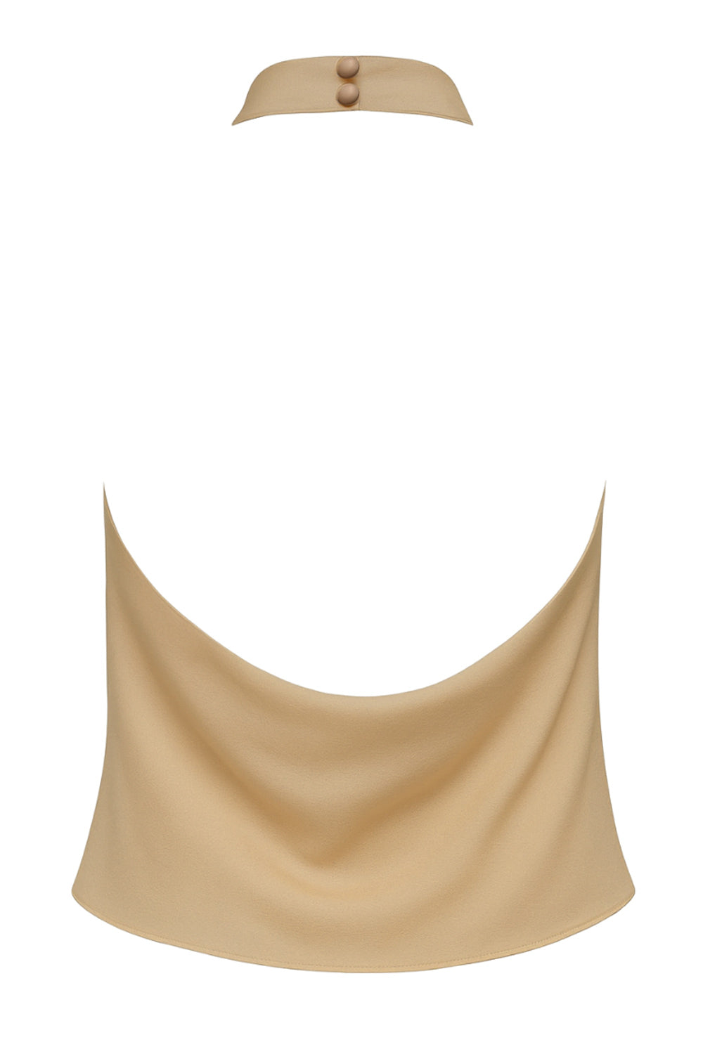 Top corto halter satinado de cuello alto fluido, fit recto, escote en espalda, cierre posterior con botón y ojal.