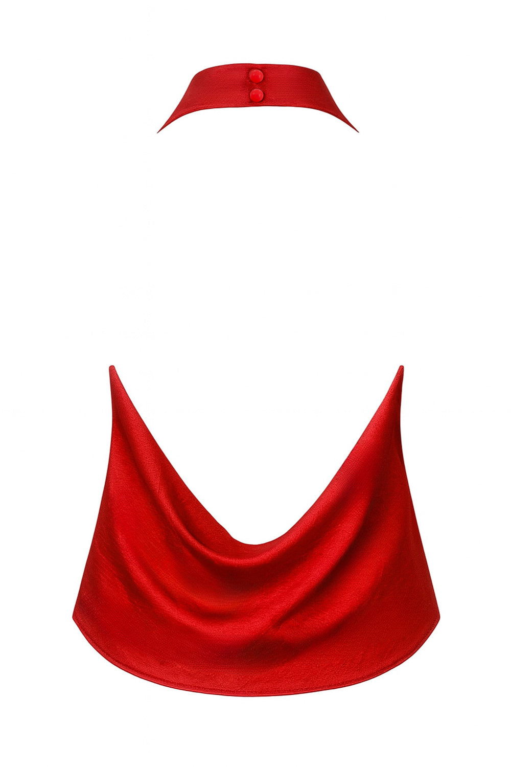 Top corto halter satinado de cuello alto fluido, fit recto, escote en espalda, cierre posterior con botón y ojal.