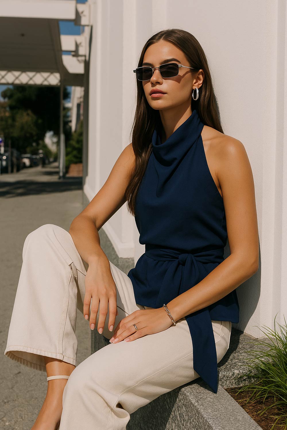 Top halter de cuello alto fluido, sin mangas, escote en espalda, fit ajustado, cierre posterior con lazo amarrable, botón y ojal.